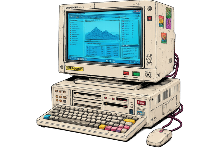 Retro workstation rendering the Deep Bound system landscape